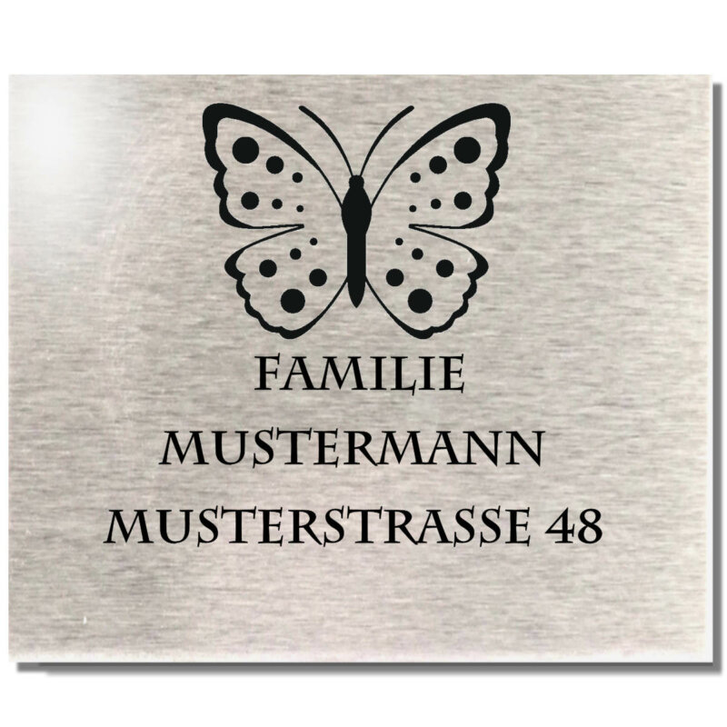 Edelstahl Türschild mit Namen Klingelschild Motiv Schmetterling 100x90 mm
