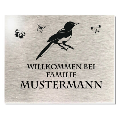 Edelstahlschild mit Gravur, Türschild Namenschild Motiv Vogel 100x80 mm