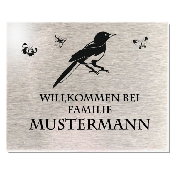 Edelstahlschild mit Gravur, Türschild Namenschild Motiv Vogel 100x80 mm