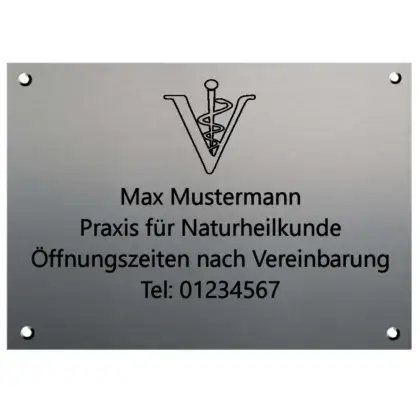 Praxisschild mit Logo für außen aus Edelstahl mit Gravur Maße: 300x200x2 mm 4 Bohrungen