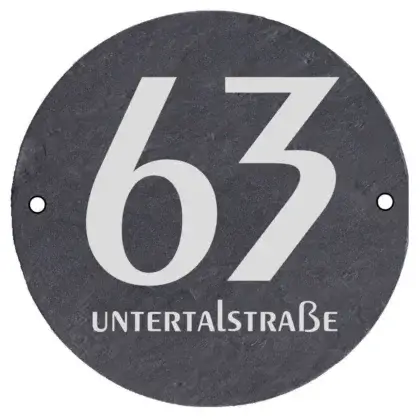 Hausnummer auf Schieferplatte, Hausnummernschild Maße: d 100mm mit 2 Bohrungen