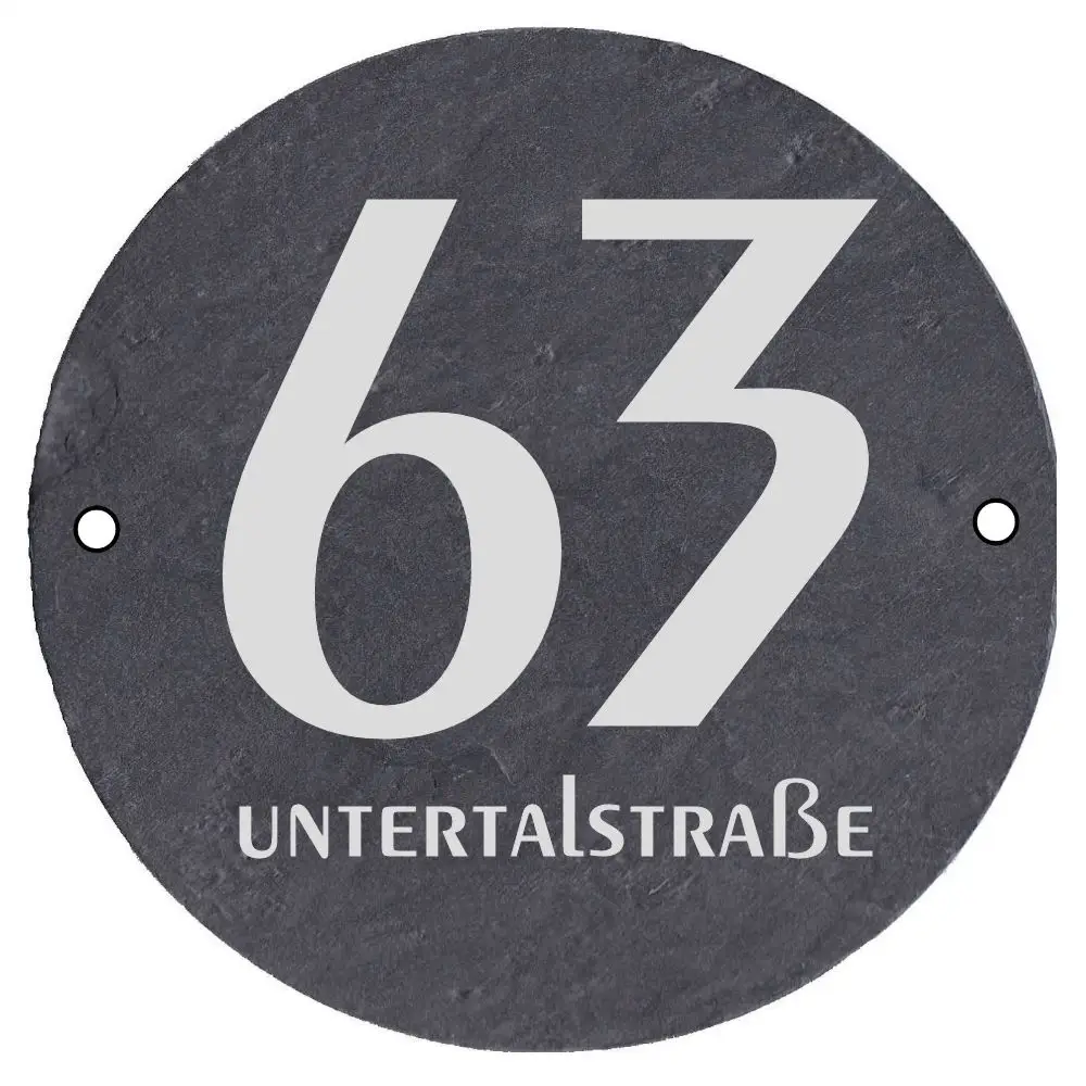 Hausnummer auf Schieferplatte, Hausnummernschild Maße: d 100mm mit 2 Bohrungen
