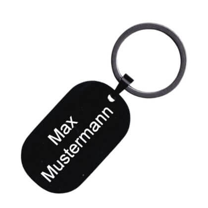 Schlüsselanhänger aus Edelstahl in Schwarz Maße: 48x28,5 mm