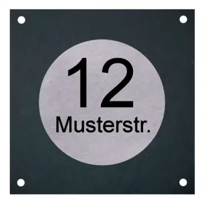 Schiefer/Edelstahl Hausnummernschild quadratisch/rund Maße: 150x150mm mit 4 Bohrungen