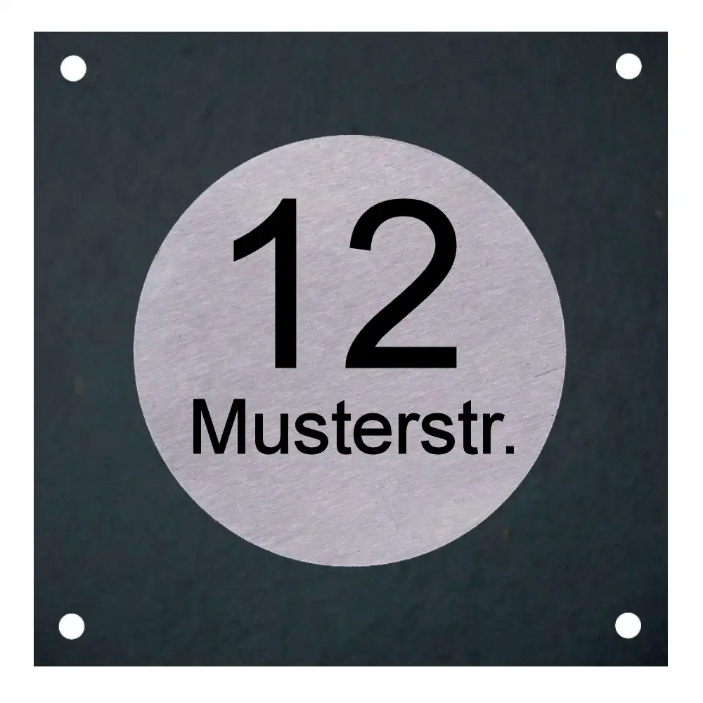 Schiefer/Edelstahl Hausnummernschild quadratisch/rund Maße: 150x150mm mit 4 Bohrungen