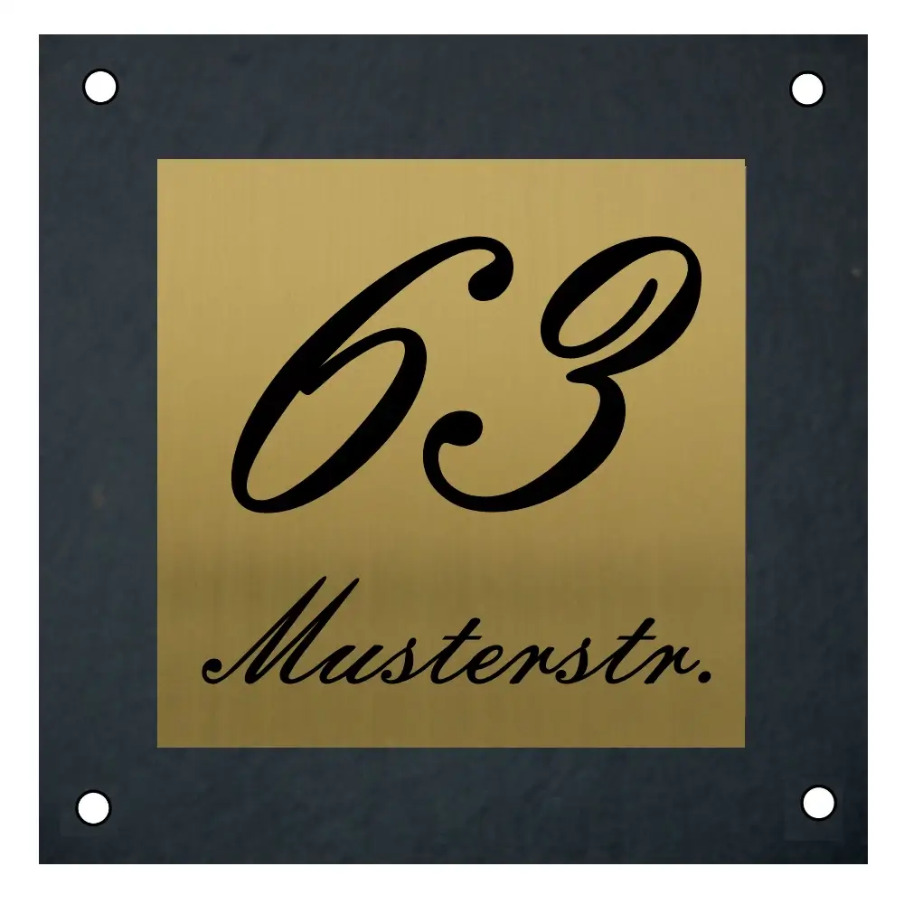 Hausnummer aus Edelstahl / Schiefer messingfarben Maße: 150x150 mm mit 4 Bohrungen
