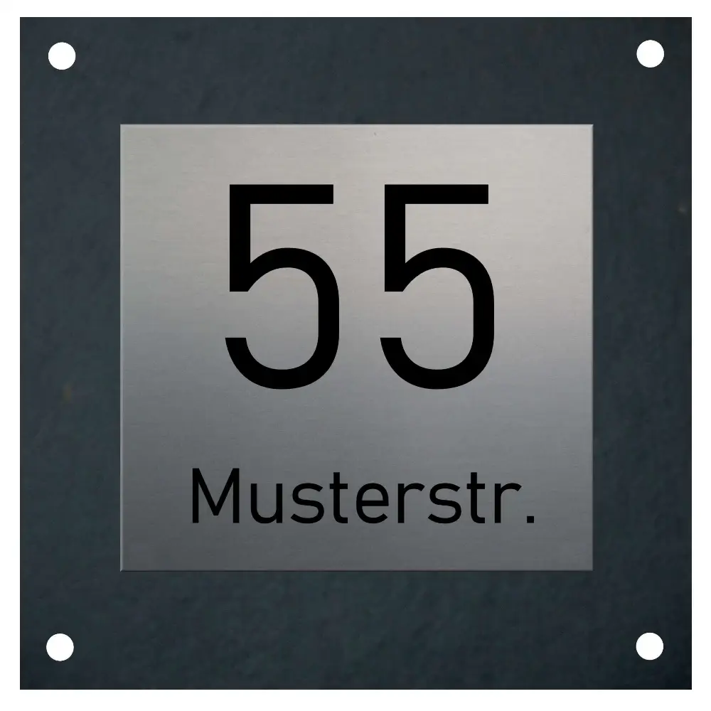 Hausnummer aus Schiefer/Edelstahl mit Gravur Maße: 180x180 mm mit 4 Bohrungen