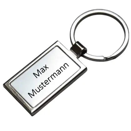 Eleganter Schlüsselanhänger aus Edelstahl mit Gravur Maße: 42x26 mm seitlich