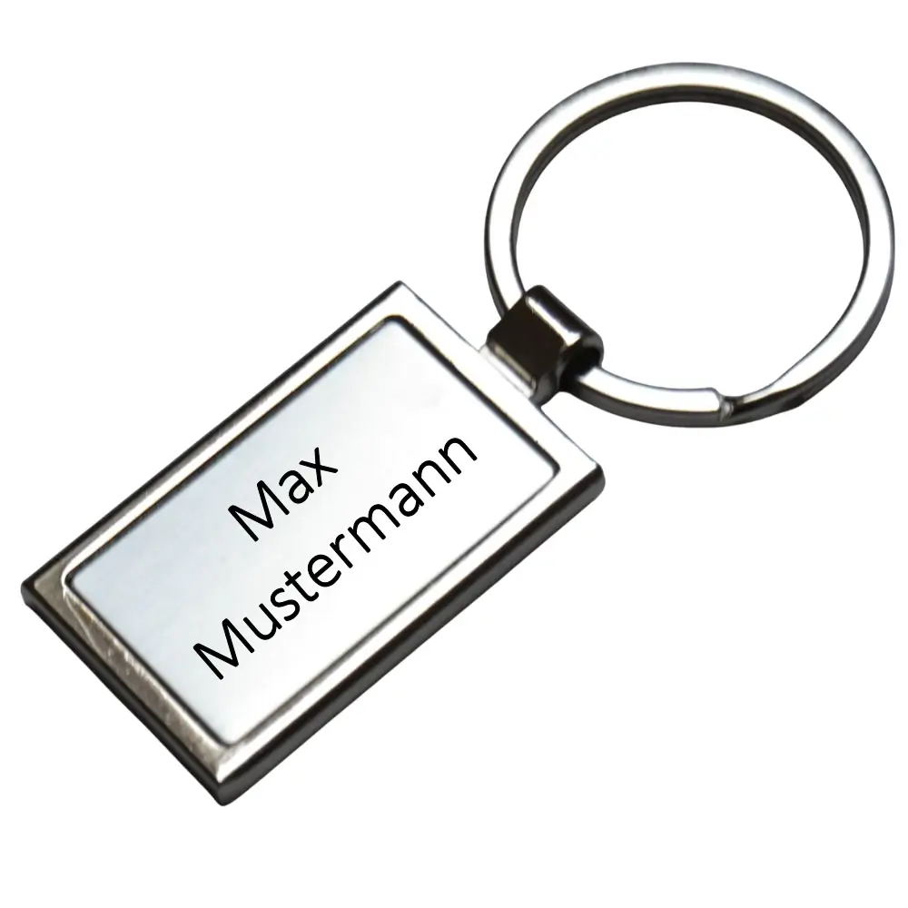Eleganter Schlüsselanhänger aus Edelstahl mit Gravur Maße: 42x26 mm seitlich