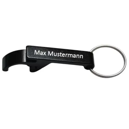 Alu Flaschenöffner Schlüsselanhänger in Schwarz Maße: 55x9,5x14 mm Front