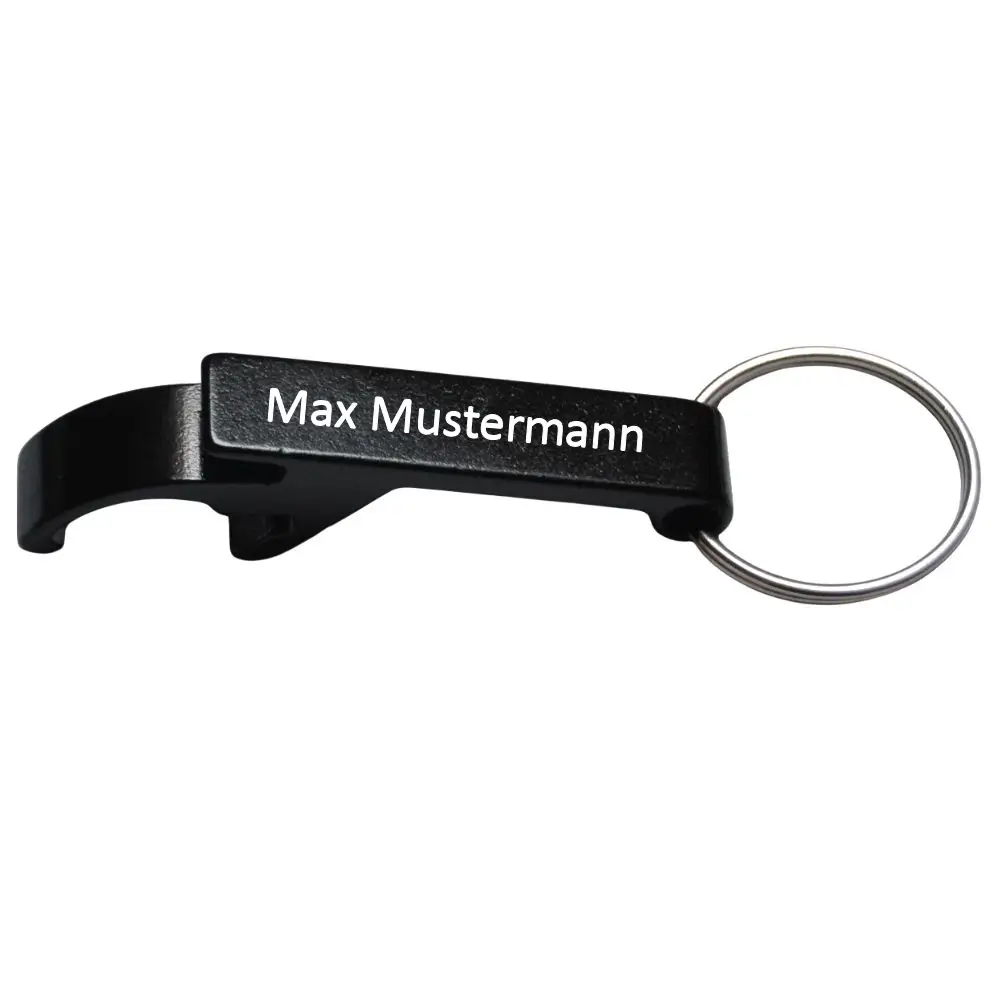 Alu Flaschenöffner Schlüsselanhänger in Schwarz Maße: 55x9,5x14 mm Front