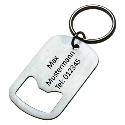 Schlüsselanhänger Flaschenöffner aus Edelstahl Maße: 50x30 mm Vorderseite