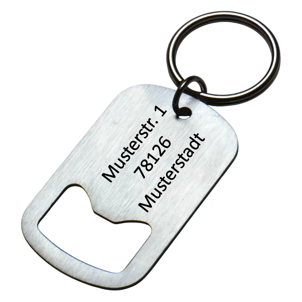 Schlüsselanhänger Flaschenöffner aus Edelstahl Maße: 50x30 mm Rückseite