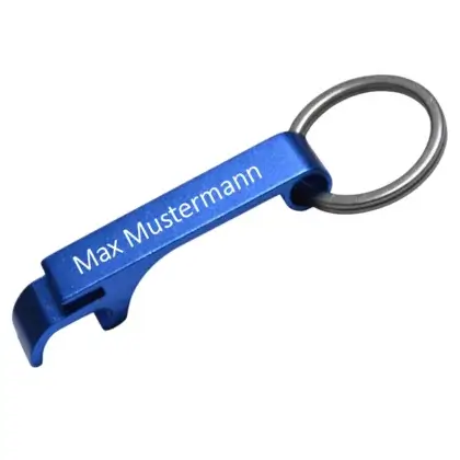 Alu Schlüsselanhänger Flaschenöffner in Blau mit Gravur