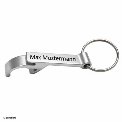 Aluminium Schlüsselanhänger Flaschenöffner in Silber mit Gravur Front