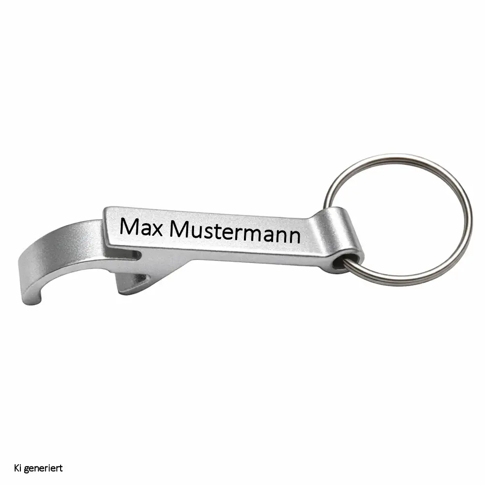 Aluminium Schlüsselanhänger Flaschenöffner in Silber mit Gravur Front