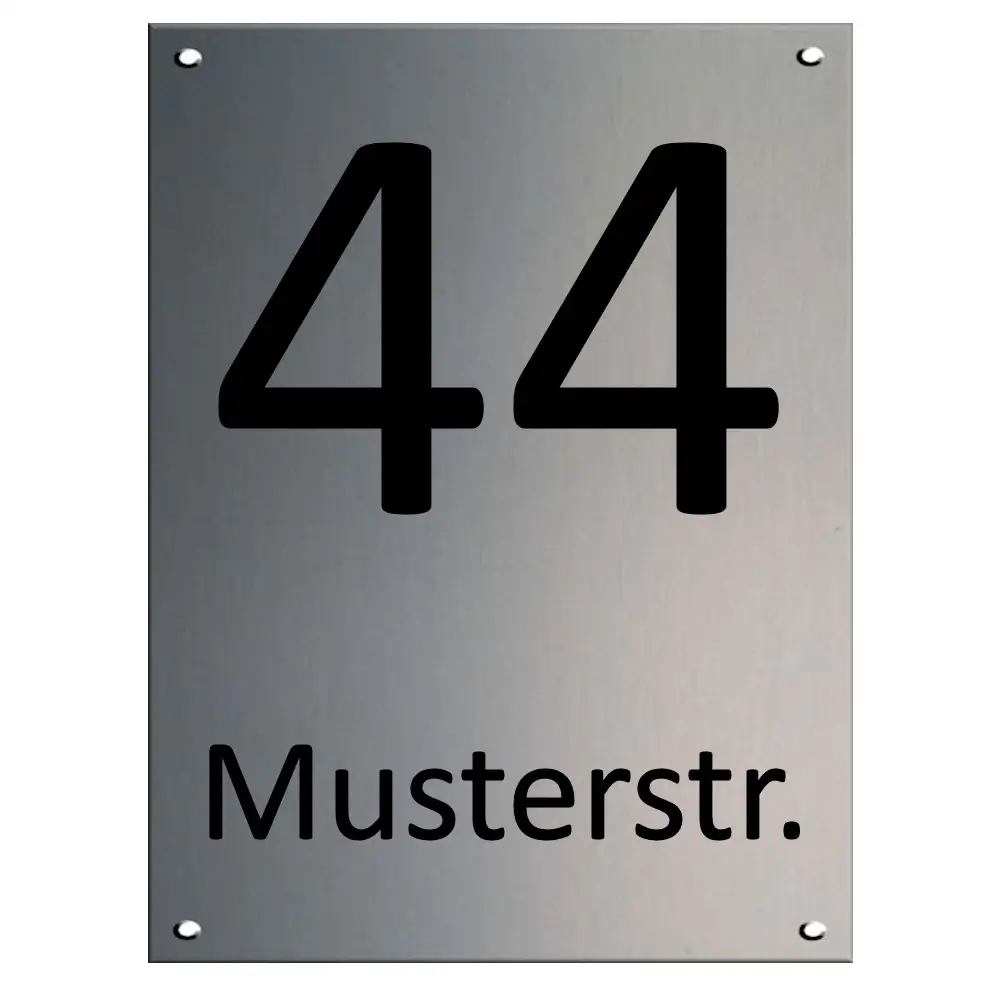 Moderne Edelstahl Hausnummer mit Gravur Maße: 150x200mm mit 4 Bohrungen