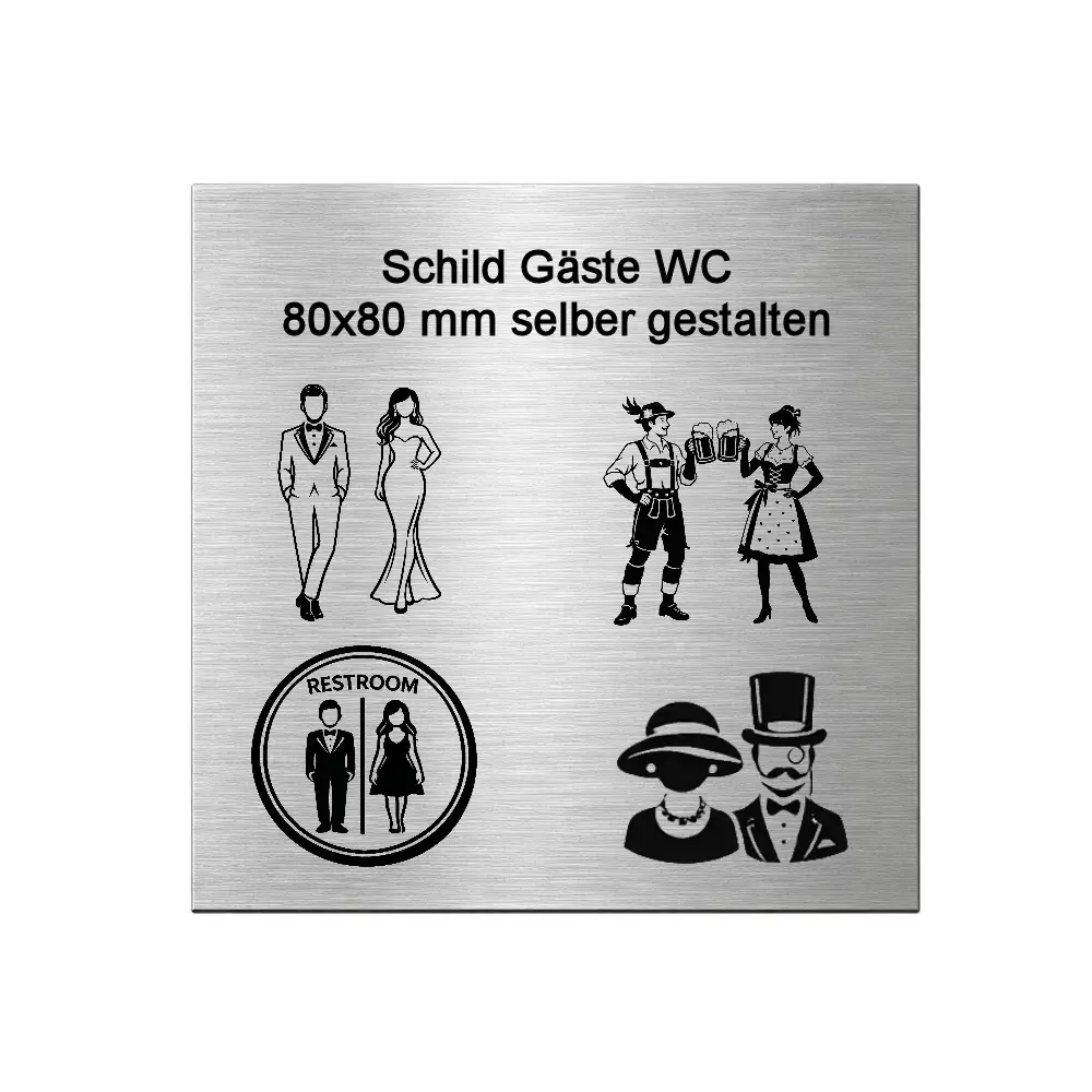 Schild Gäste WC aus Edelstahl mit Gravur selber gestalten Maße: 80x80 mm