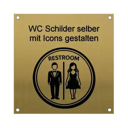 WC Hinweisschild in Messingoptik aus Edelstahl selber gestalten Maße: 100x100 mm mit 4 Bohrungen