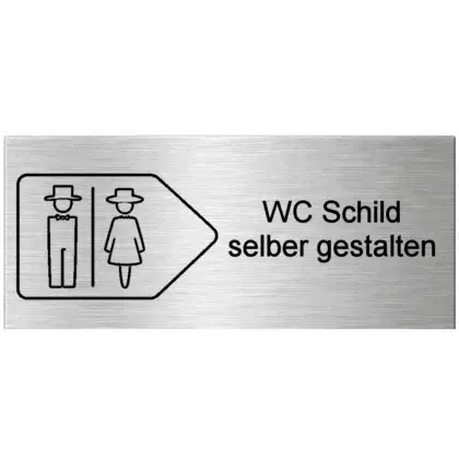 WC Schild mit Pfeil selber gestalten aus Edelstahl Maße: 140x60 mm