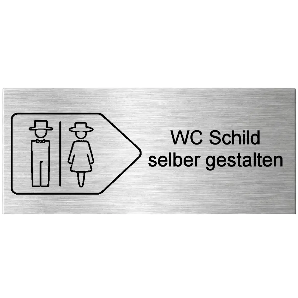 WC Schild mit Pfeil selber gestalten aus Edelstahl Maße: 140x60 mm