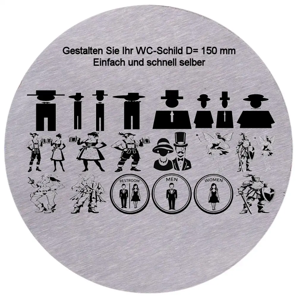 Lustiges Toilettenschild selber gestalten aus Edelstahl mit Gravur D= 150 mm