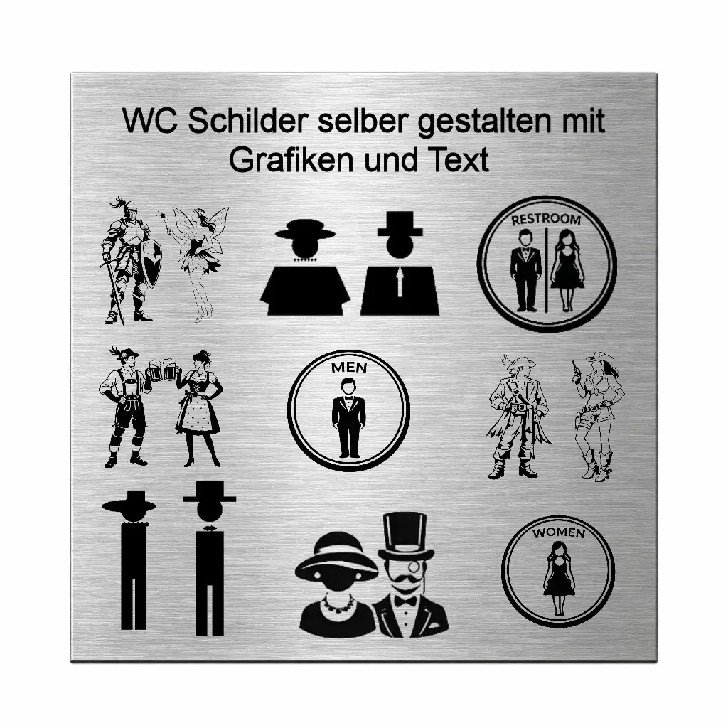Edelstahl WC Schild selbst gestalten mit Gravur Maße: 125x125 mm