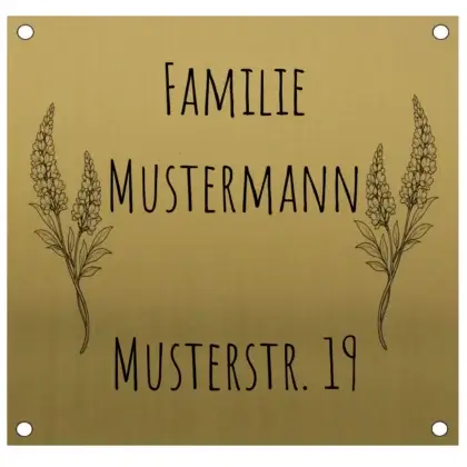 Personalisiertes Edelstahl Haustürschild in Messingoptik Maße: 100x95 mm mit 4 Bohrungen
