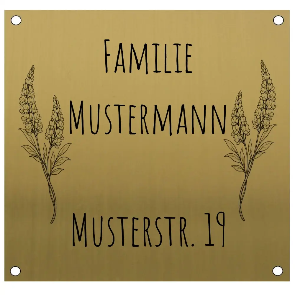 Personalisiertes Edelstahl Haustürschild in Messingoptik Maße: 100x95 mm mit 4 Bohrungen