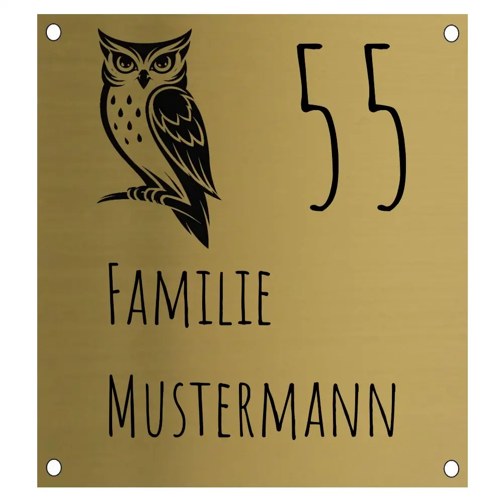 Blechschild personalisiert aus Edelstahl in Messingoptik Maße: 100x110 mm mit 4 Bohrungen