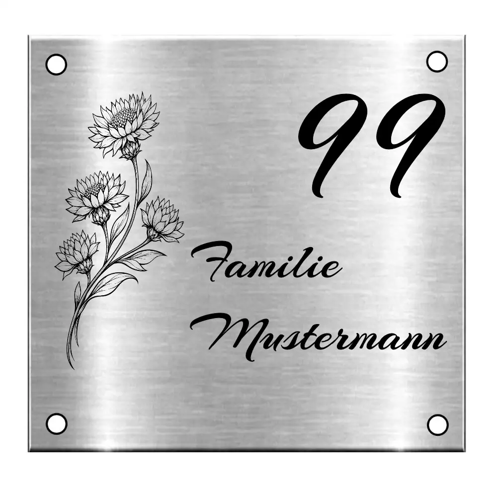 Metallschild personalisiert aus Edelstahl mit Gravur Maße: 100x95 mm mit 4 Bohrungen