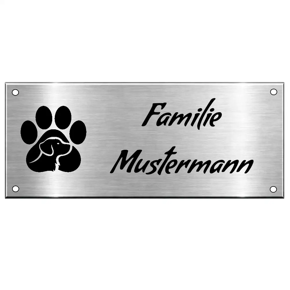 Namens Türschild aus Edelstahl mit Gravur Maße: 240x100 mm mit 4 Bohrungen