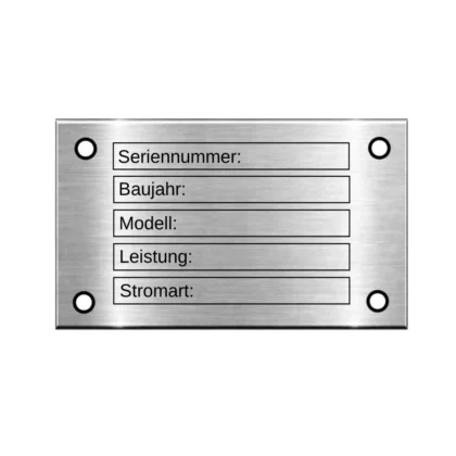 Typenschild mit Gravur Maße: 50x30 mm mit 4 Bohrungen