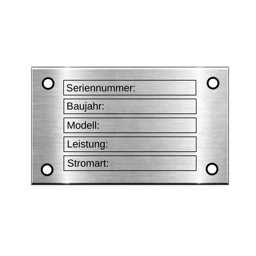 Typenschild mit Gravur Maße: 50x30 mm mit 4 Bohrungen