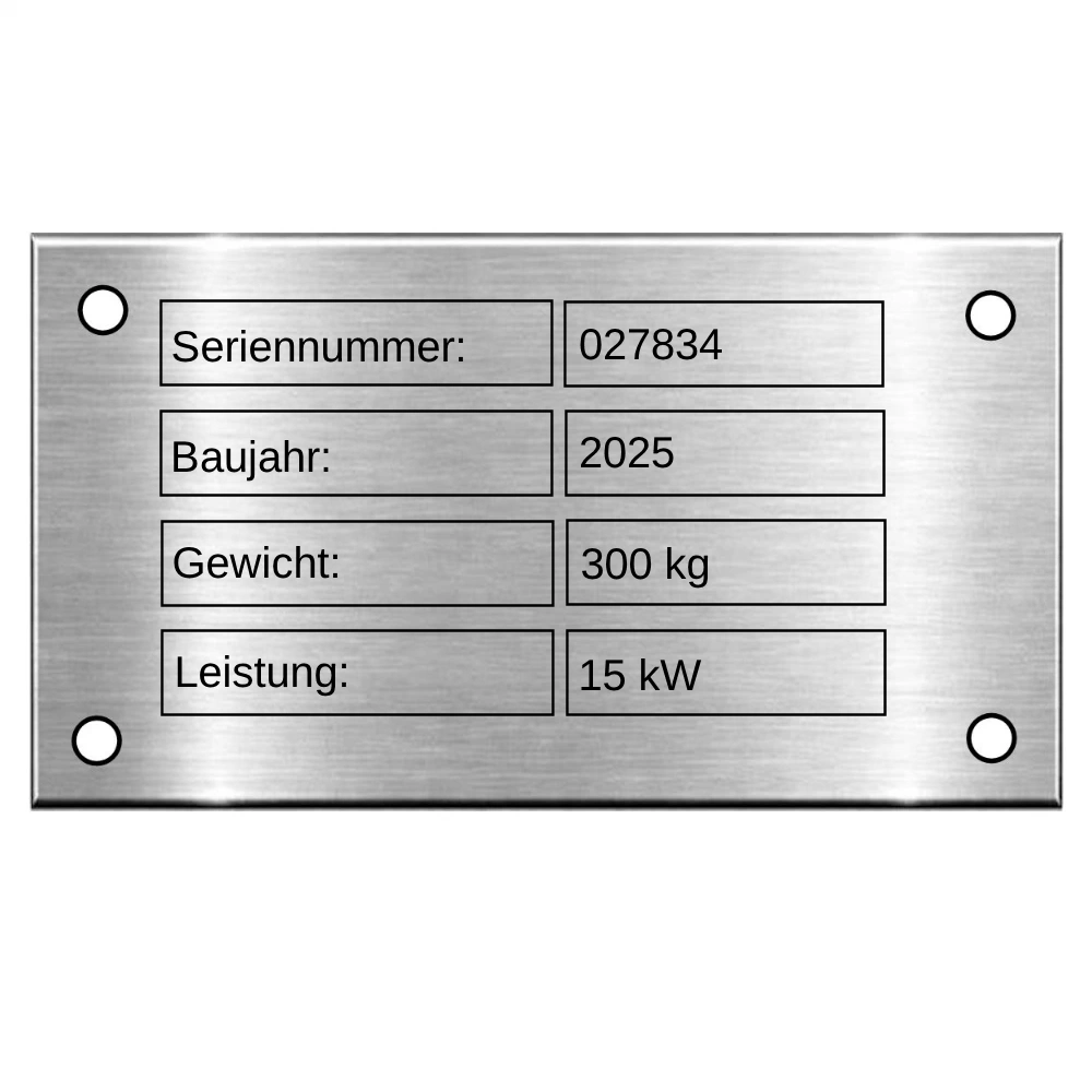 Maschinen Typenschild aus Edelstahl mit Lasergravur Maße: 100x56 mm mit 4 Bohrungen