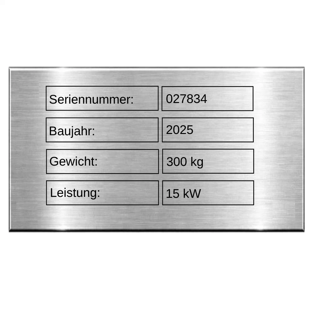 Maschinen Typenschild aus Edelstahl mit Lasergravur Maße: 100x56 mm