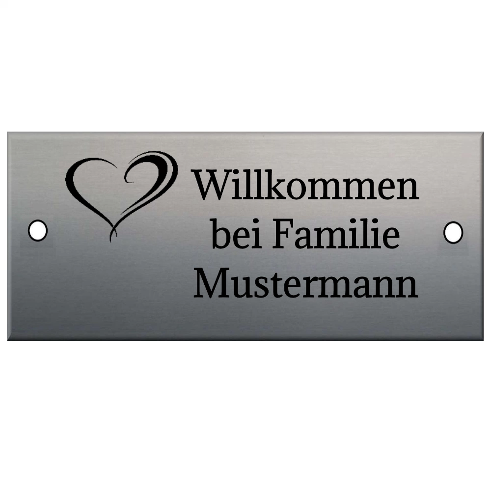 Willkommens Schild aus Edelstahl mit Gravur Maße: 125x55 mm mit 2 Bohrungen