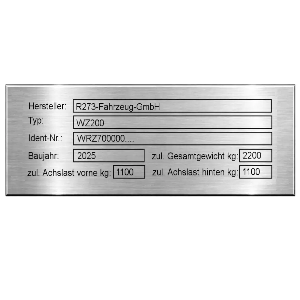 Anhänger Typenschild aus Edelstahl mit Lasergravur Maße: 150x58 mm