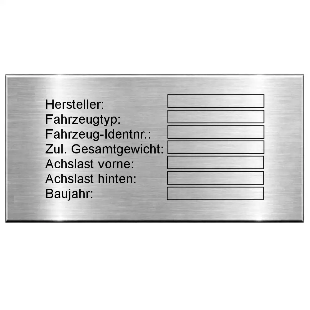 Kfz Typenschild aus Edelstahl mit Lasergravur Maße: 100x50 mm