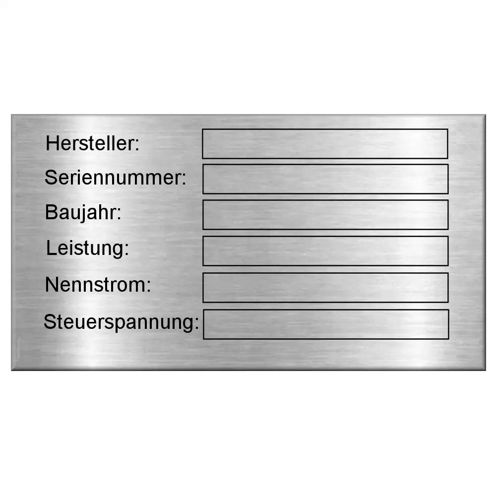 Maschinentypenschild aus Edelstahl mit Laser-Gravur Maße: 125x70 mm