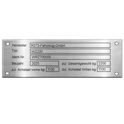Typenschild für Anhänger aus Edelstahl Maße: 150x48 mm mit 4 Bohrungen