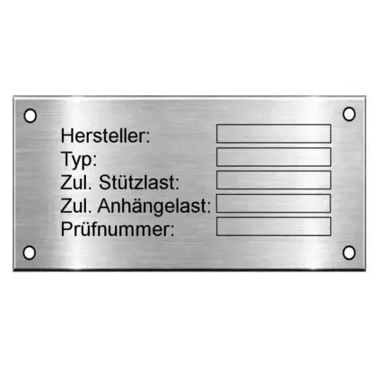 Typenschild für die Anhängerkupplung aus Edelstahl Maße: 90x45 mm mit 4 Bohrungen