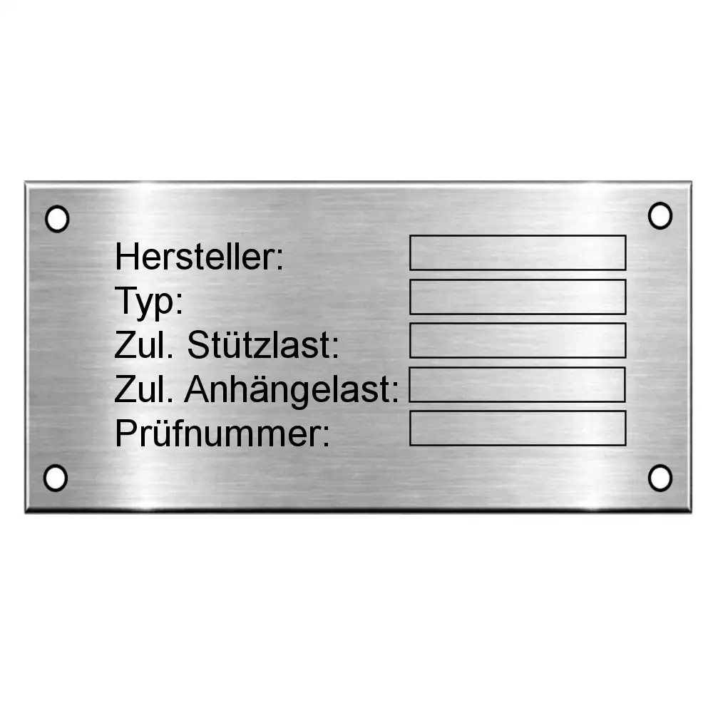Typenschild für die Anhängerkupplung aus Edelstahl Maße: 90x45 mm mit 4 Bohrungen