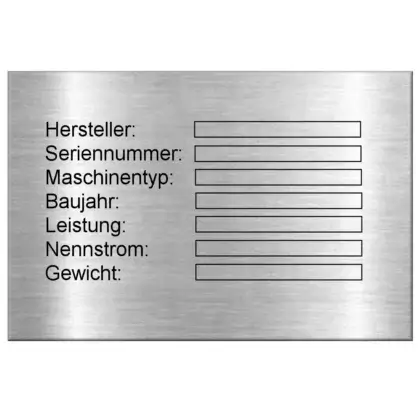 Typenschild aus Blech (Edelstahl) mit Laserbeschriftung Maße: 90x60 mm