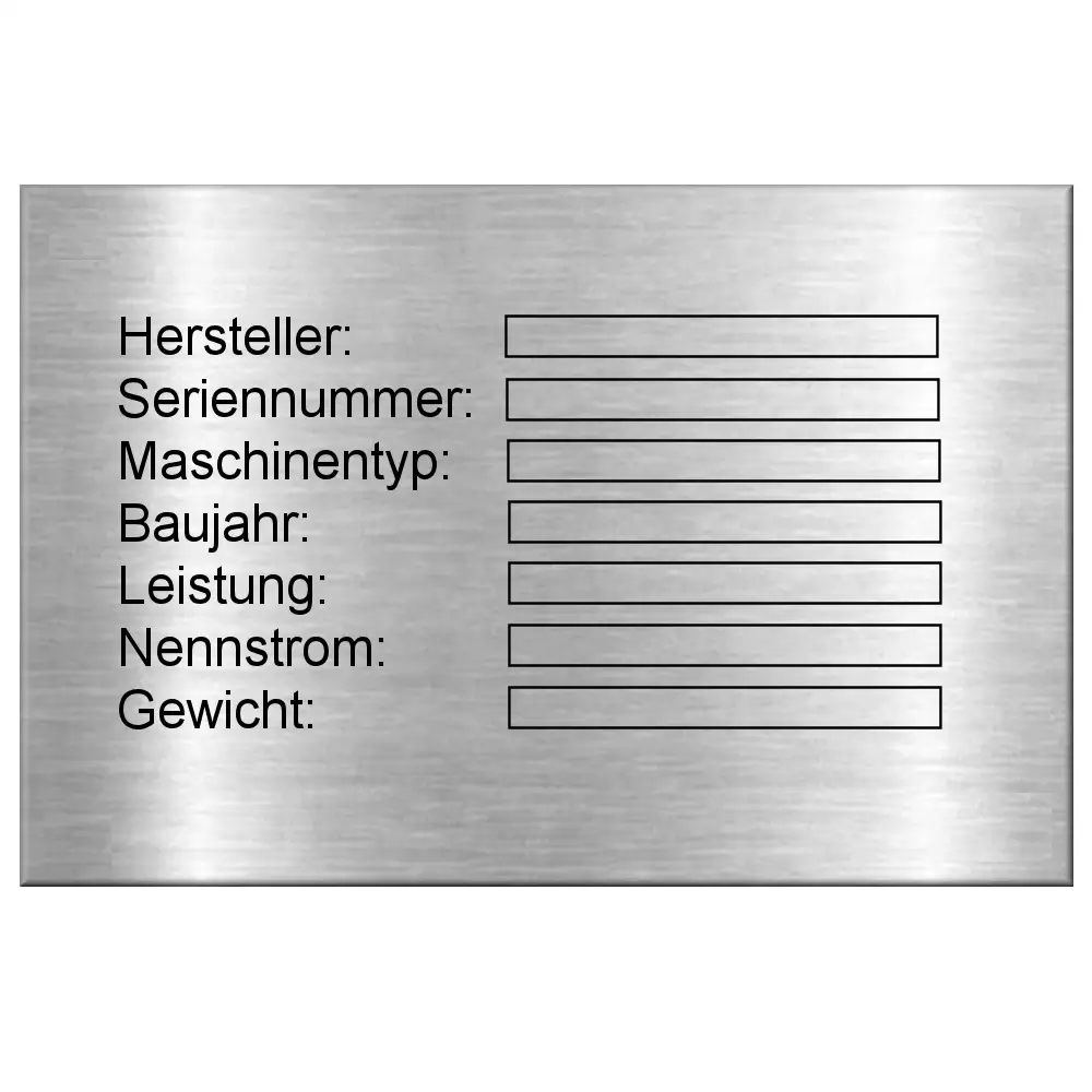 Typenschild aus Blech (Edelstahl) mit Laserbeschriftung Maße: 90x60 mm