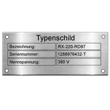 Typenschild für Maschinen aus Edelstahl Maße: 170x70 mm mit 4 Bohrungen