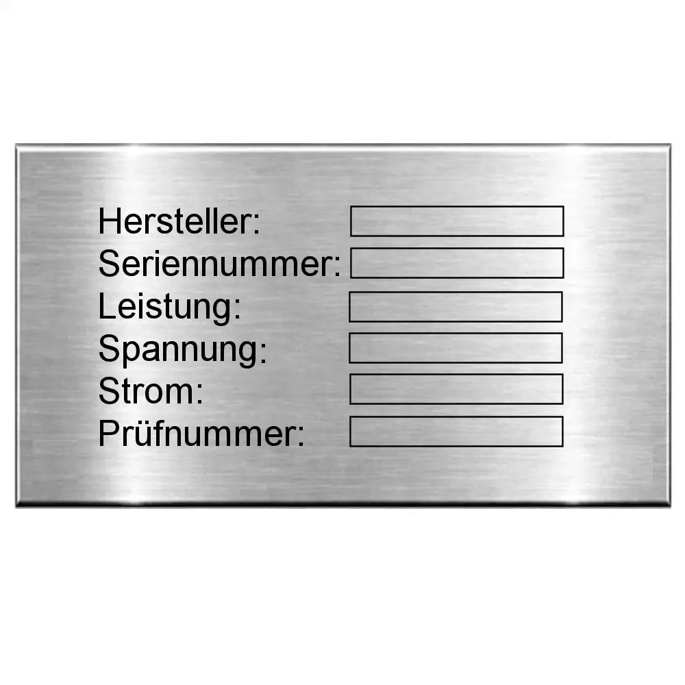 Maschinen Typenschild gravieren aus Edelstahl Maße: 90x50 mm