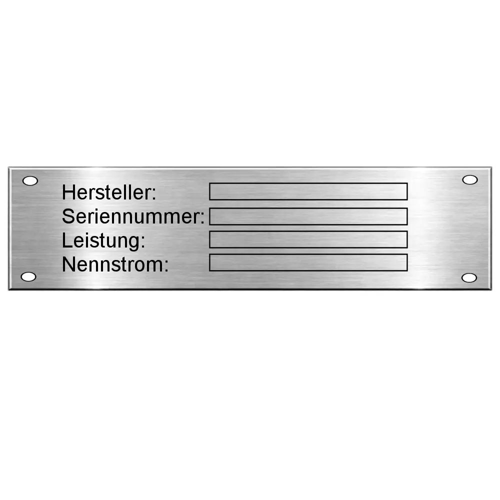 Typenschild kaufen aus Edelstahl mit Gravur Maße: 148x38 mm mit 4 Bohrungen