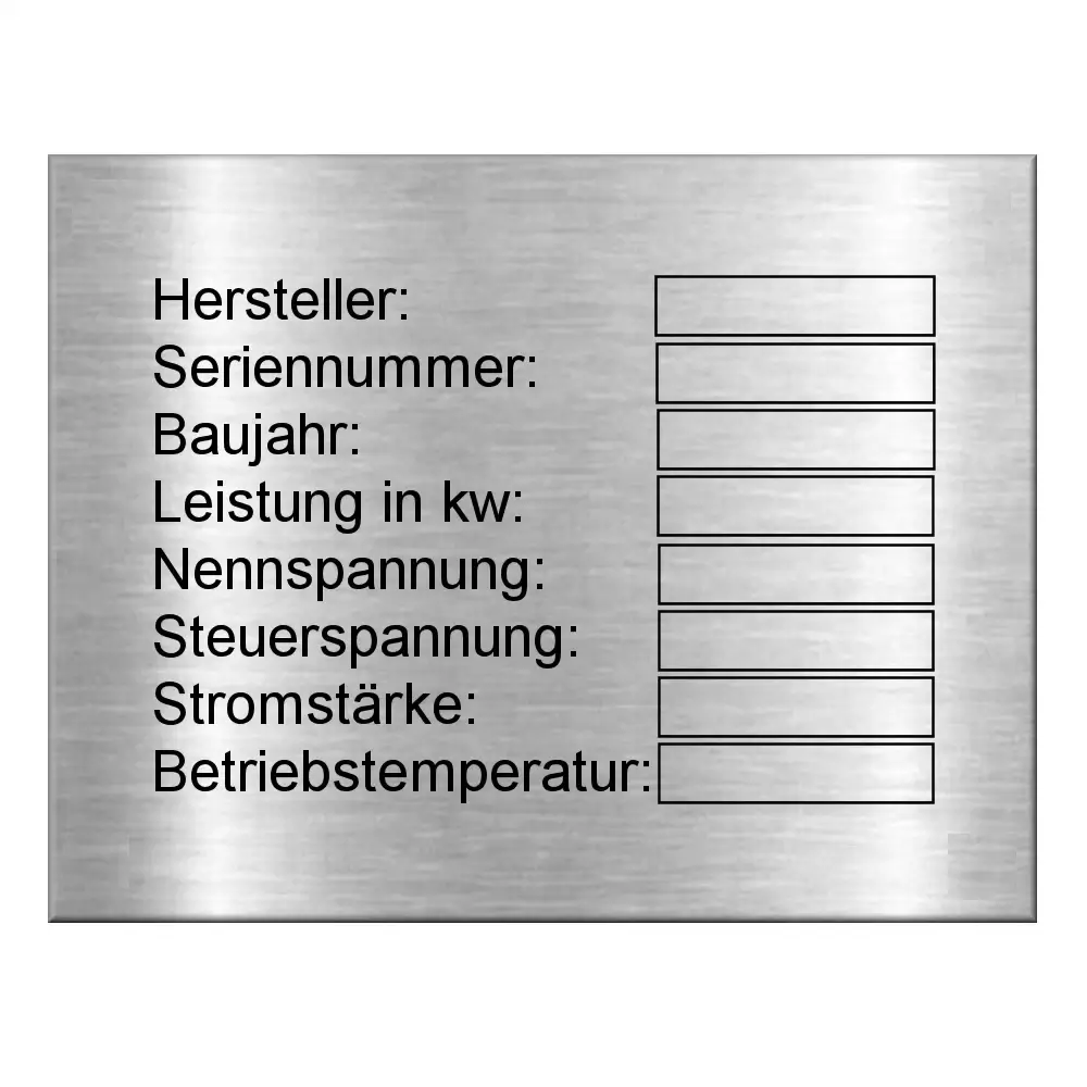 Typenschild mit Lasergravur aus Edelstahl Maße: 90x70 mm