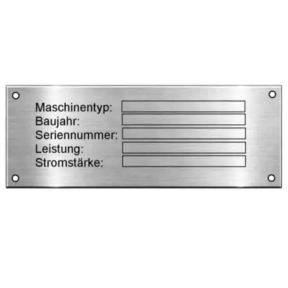 Typenschild aus Metall (Edelstahl) mit Gravur Maße: 120x45 mm mit 4 Bohrungen